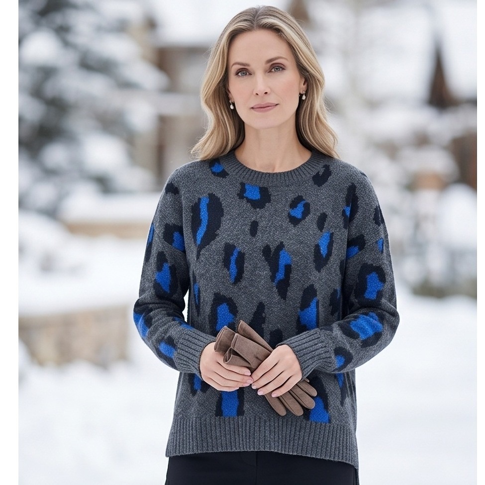 Athleta Womens L Wool Cashmere Leopard Print Sweater Gray Blue Crew Neck Sweater